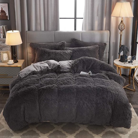 Shaggy Fluffy Faux Fur Duvet Cover Set Button Closure Velvety Bedding … - Picture 1 of 16